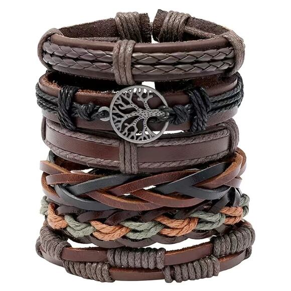 Set 6 Tree of Life Leather Braided Bracelets Unisex Adjustable Multilayer - Picture 1 of 5